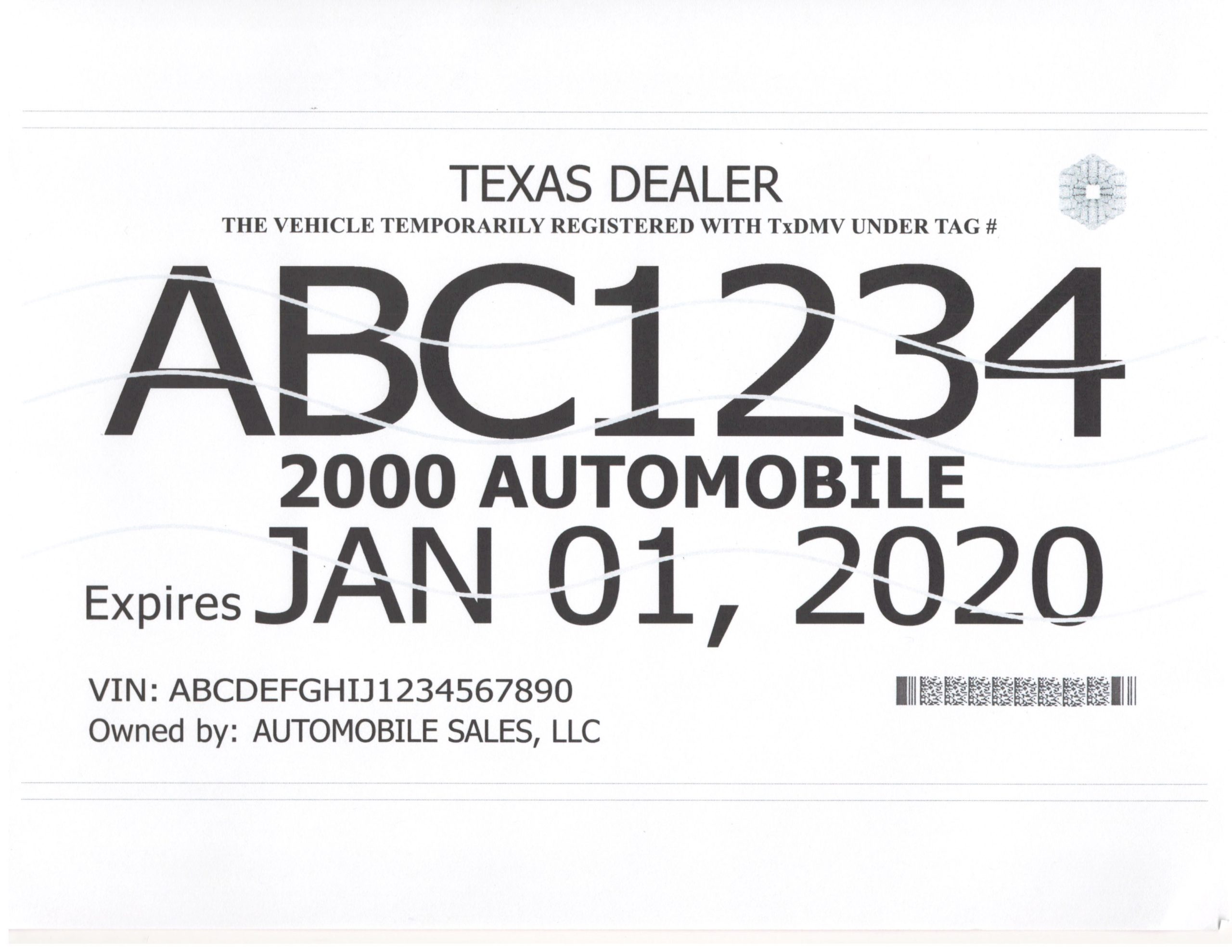 Texas Temporary License Plate (Paper Tag)